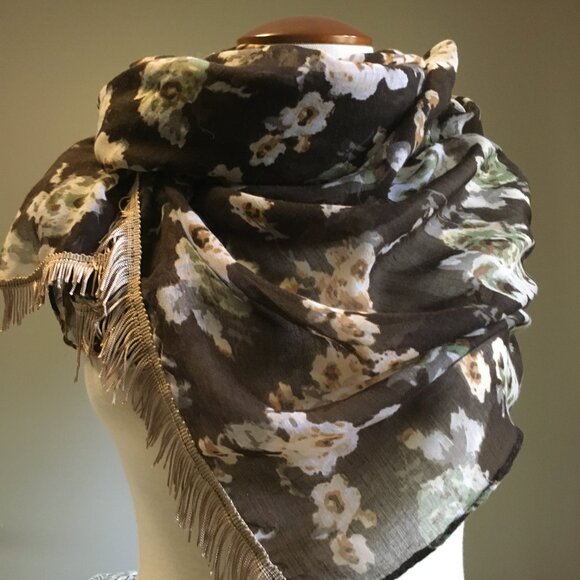 Large Voluminous Semi Sheer Tasseled Floral Scarf In Brown, Cream and Sage - Picture 7 of 14
